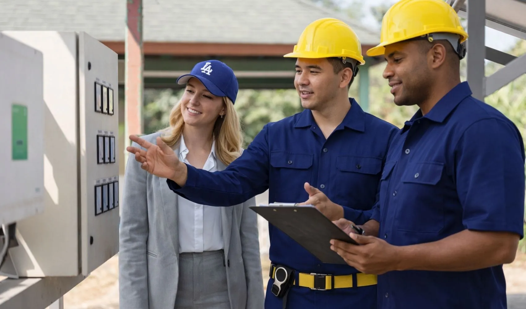 NeighborSun experts explaining the solar battery backup system and energy storage dashboard to a homeowner in LA