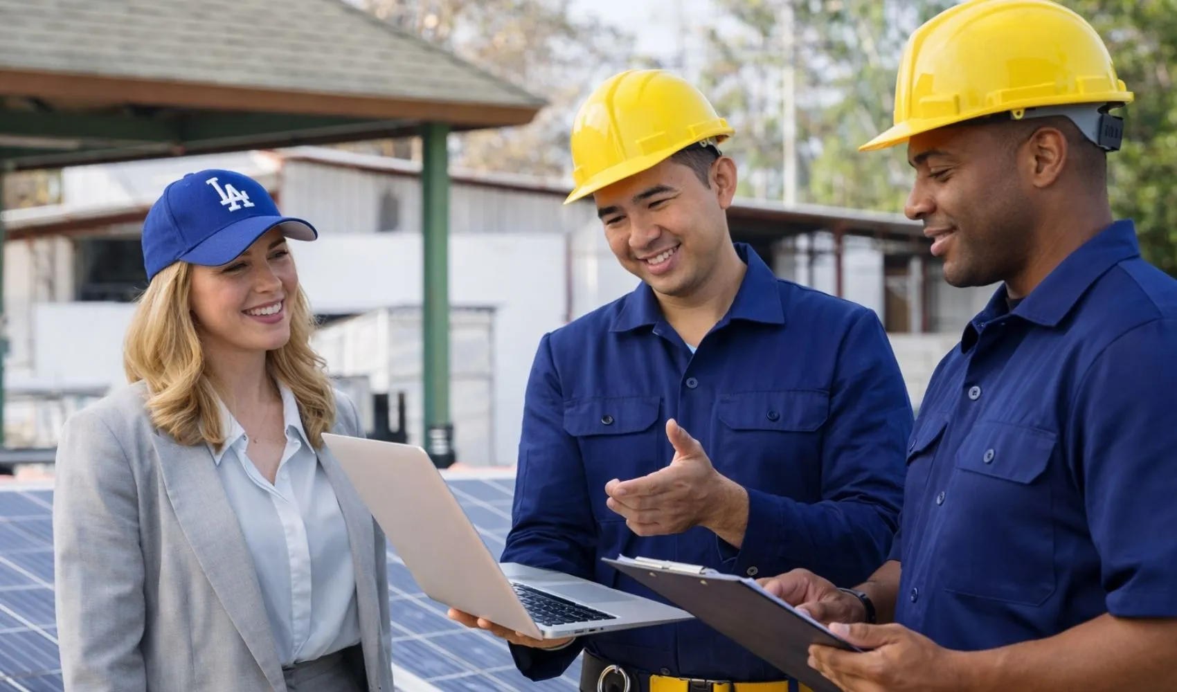 Expert technicians reviewing energy production data and financial ROI for a residential solar project in Los Angeles.
