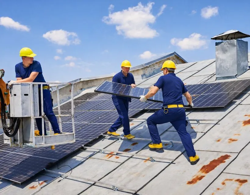 NeighborSun technicians installing high-efficiency residential solar panels on a rooftop in Los Angeles.